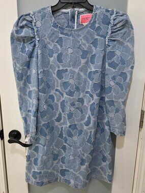 Kate Spade Womens Denim Puff Sleeve Floral Jacquard Dress Size 8 Blue Shift